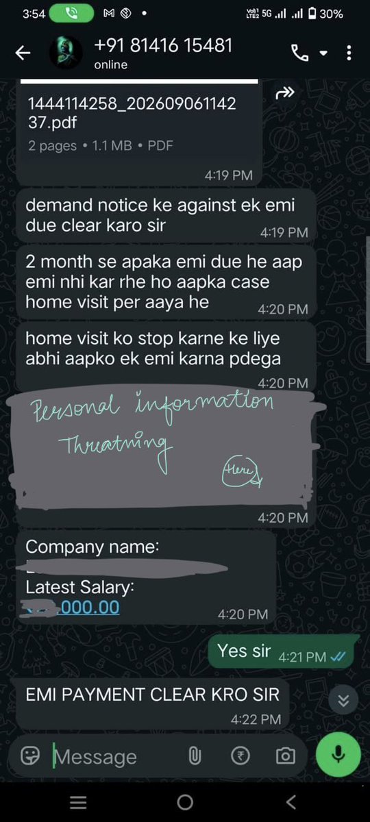 DignityFirstX's tweet photo. @FibeIndia Your recovery agent is threatening to visit my workplace/company regarding loan recovery. I find this conduct inappropriate and distressing and against RBI guidelines. Please intervene and take immediate action. @RBI https://t.co/RwWLIb64bA