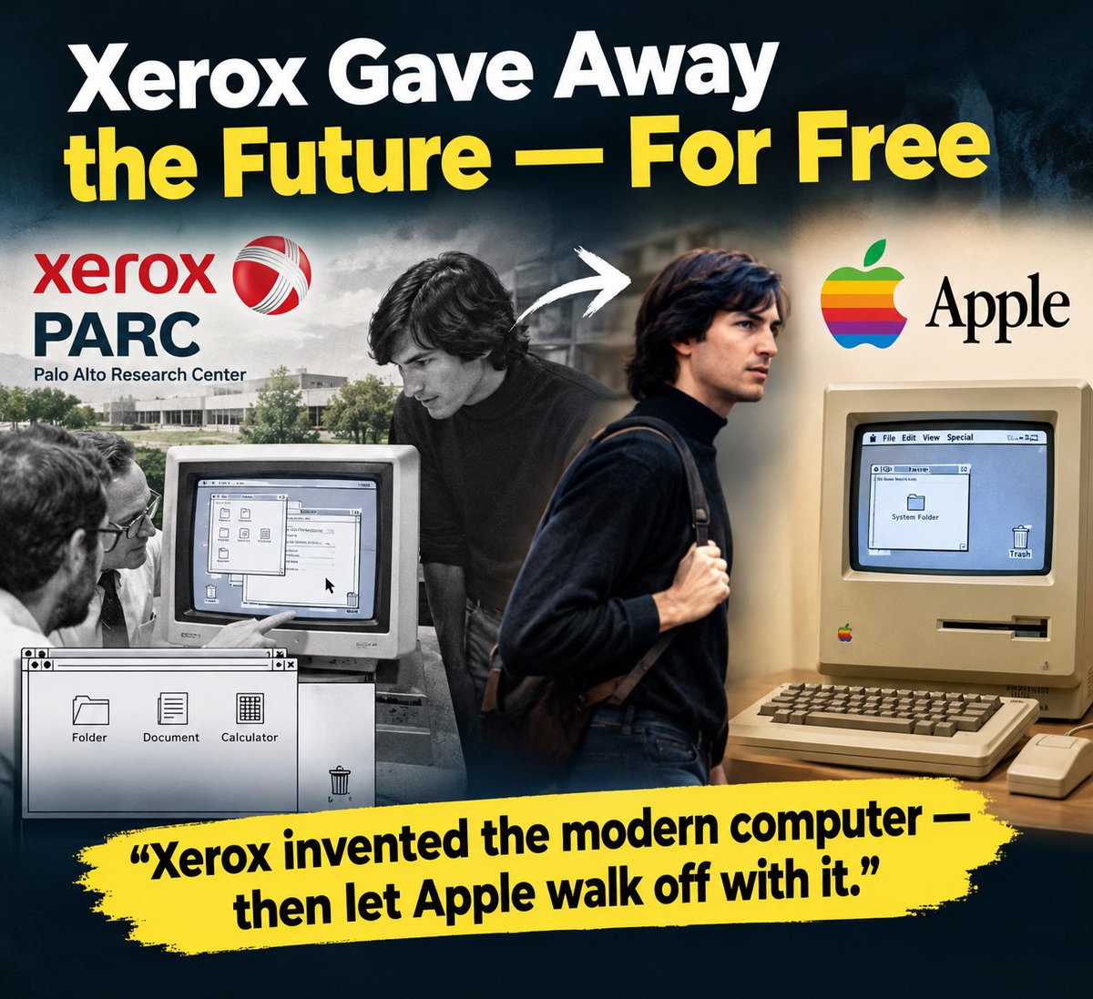 allfromtech's tweet photo. In 1979, Xerox PARC let a young Steve Jobs tour their labs and see something revolutionary: a graphical user interface with windows, icons, and a mouse. Jobs walked out and built the Mac around it. Xerox, that invented the modern computer interface, never capitalized on it. https://t.co/1FejXG2Nz5
