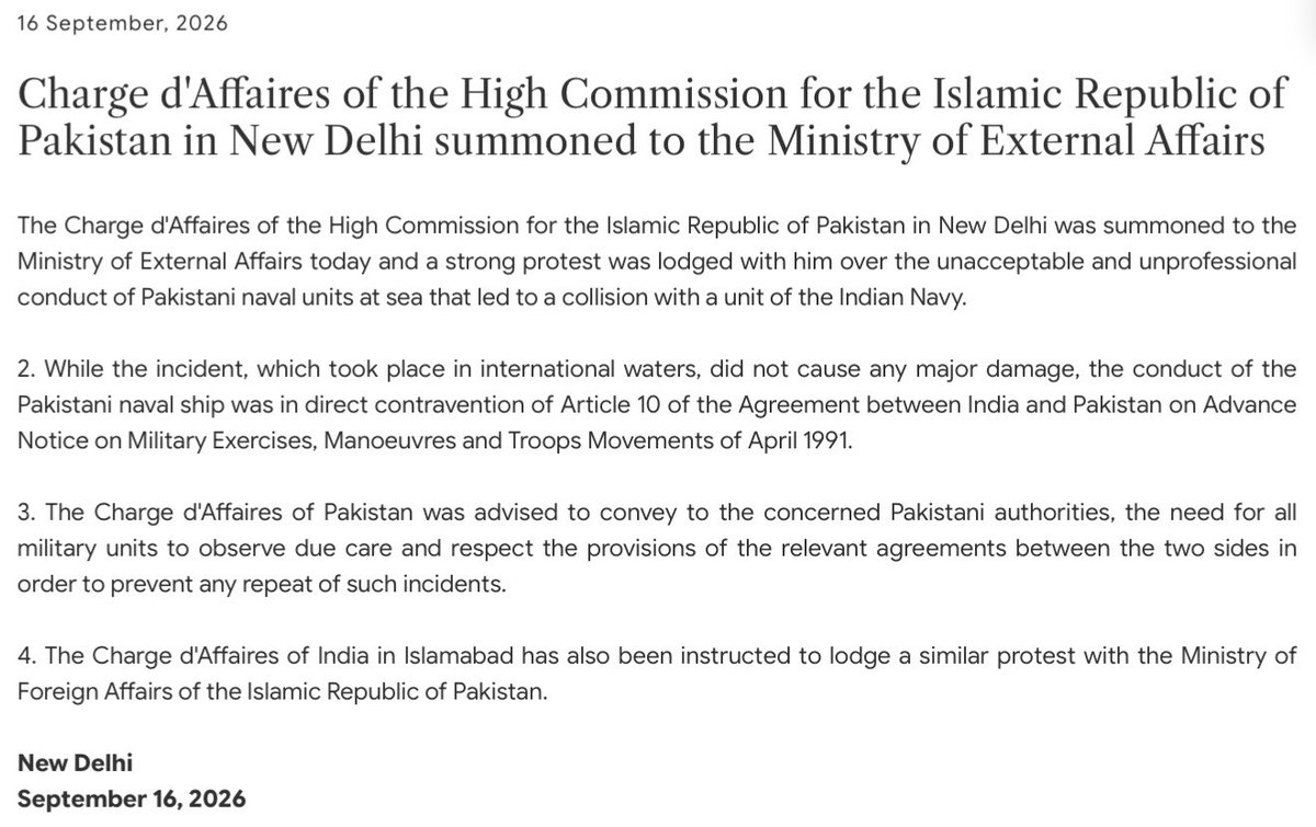AdityaRajKaul's tweet photo. #BREAKING: India summons Pakistan’s envoy in New Delhi to lodge strong protest over the unacceptable and unprofessional conduct of Pakistani naval units at sea that led to a collision with a unit of the Indian Navy. https://t.co/M26x6pwv8c