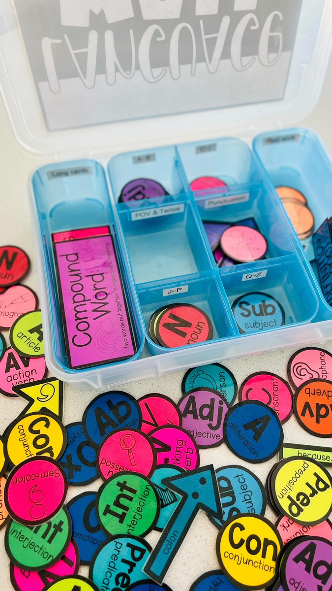 AsaGadsdengs's tweet photo. Here’s some language wall organization! Typically, we keep the pieces up on the board but sometimes I do take them down (usually halfway through the year) and they’ll come grab from this box. These pieces come from the primary AND upper grade set https://t.co/kjH9kEPc2H