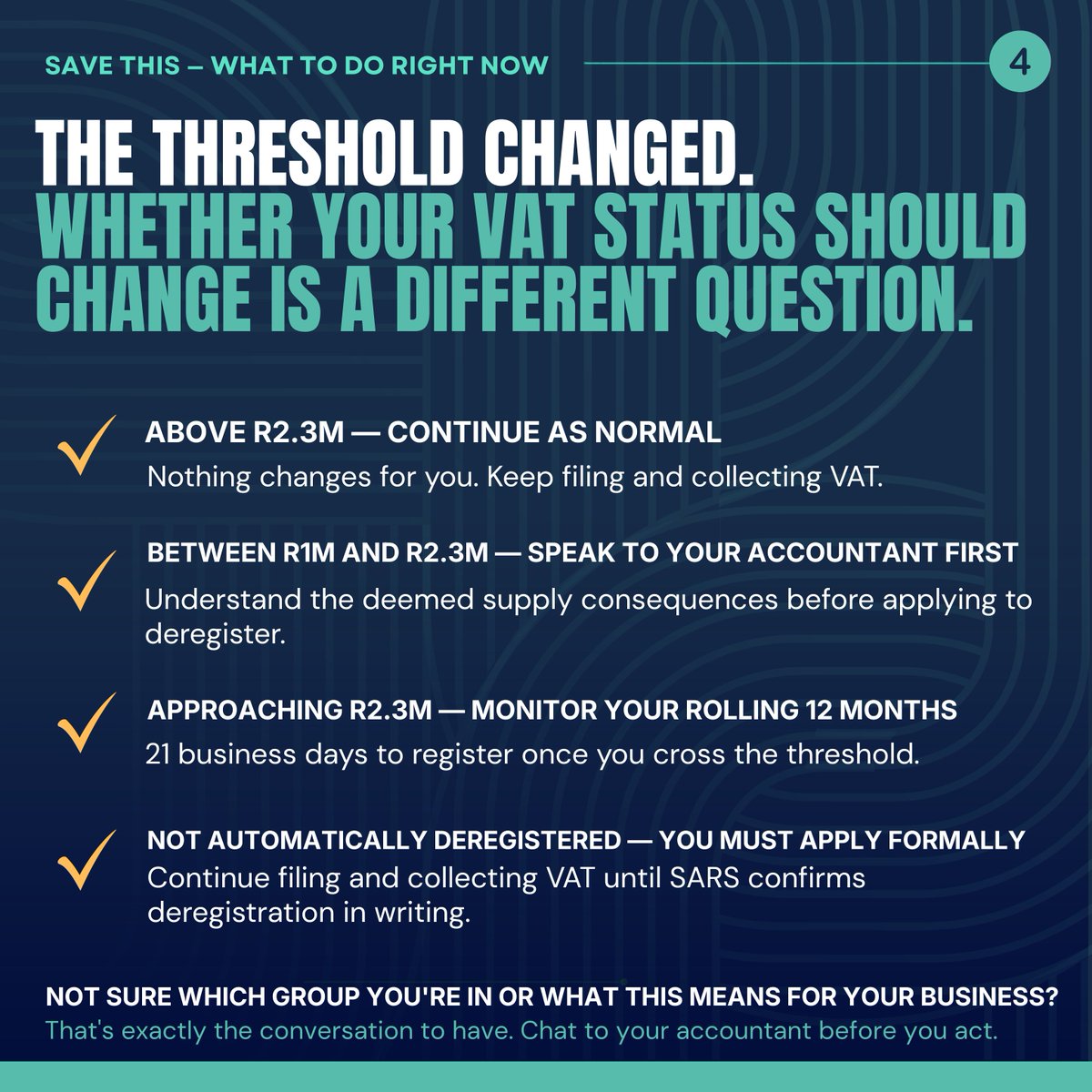The_Beancounter's tweet photo. South Africa’s VAT registration threshold has changed for the first time in 17 years.

From 1 April 2026, the compulsory threshold increased from R1 million to R2.3 million. But should your VAT status change too? Not necessarily. ⚠️

Swipe through before making a move. https://t.co/cGmCxN3Biy