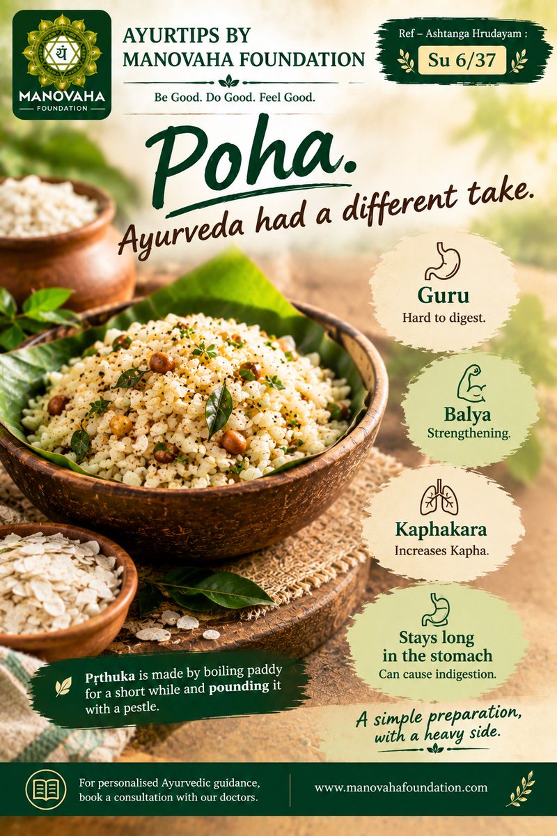 ManovahaF's tweet photo. Poha. Ayurveda had a different take.
Pṛthuka is described as Guru (hard to digest), Balya (strengthening) and Kaphakara (increases Kapha), and as staying long in the stomach.
Ref – Ashtanga Hrudayam Su 6/37
https://t.co/XeM9zzQqdq
#Ayurveda #AyurTips https://t.co/Sv25xRj6C0