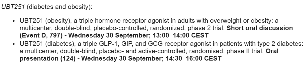 Aktieland's tweet photo. Mark September 30. 

👀 EASD will feature Phase 2 data on #UBT251 — a triple GLP-1/GIP/GCG receptor agonist — in both obesity and type 2 diabetes. Two presentations on the same day. One to watch closely. $NVO https://t.co/f8nsgS0YzE