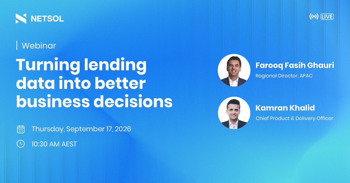 NETSOLTech's tweet photo. Every lender collects data. Few turn it into an actual advantage.

Join us for a webinar held in partnership with the Australian Finance Industry Association (AFIA) on September 17 (tomorrow) from 10:30 AM - 11:30 AM AEST. 

Our Regional Director for APAC Farooq Fasih Ghauri and our Chief Product and Delivery Officer Kamran Khalid will unpack how lenders can put data to work across the entire customer lifecycle, not just at the point of decision, but throughout the relationship.

They'll explore how the right use of data can help lenders:

 🔹Read customer behavior and lending needs more clearly
 🔹 Sharpen risk assessment and credit decisions
 🔹 Spot emerging market trends before competitors do
 🔹 Refine credit strategies with real, data-driven insight
 🔹 Track portfolio performance and improve operational outcomes

Whether you're in lending, credit, risk or operations, this session is built to help you move from simply having data to actually using it, to sharper decisions, stronger risk management and better business outcomes.

Reserve your spot now:
https://t.co/skVqc2Nl1W 

#netsoltech #lendingdata #creditrisk #riskmanagement #datadriven #assetfinance #webinar #afia