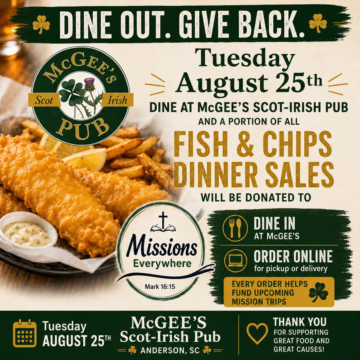 sametgunes3's tweet photo. We invite you to head down to McGee's Scot-Irish Pub tomorrow for their famous fish and chips! Proceeds from all of their fish and chip sales tomorrow will be donated to David's non-profit, Missions Everywhere
Don't have time to sit and enjoy a https://t.co/cliKWgeDhc