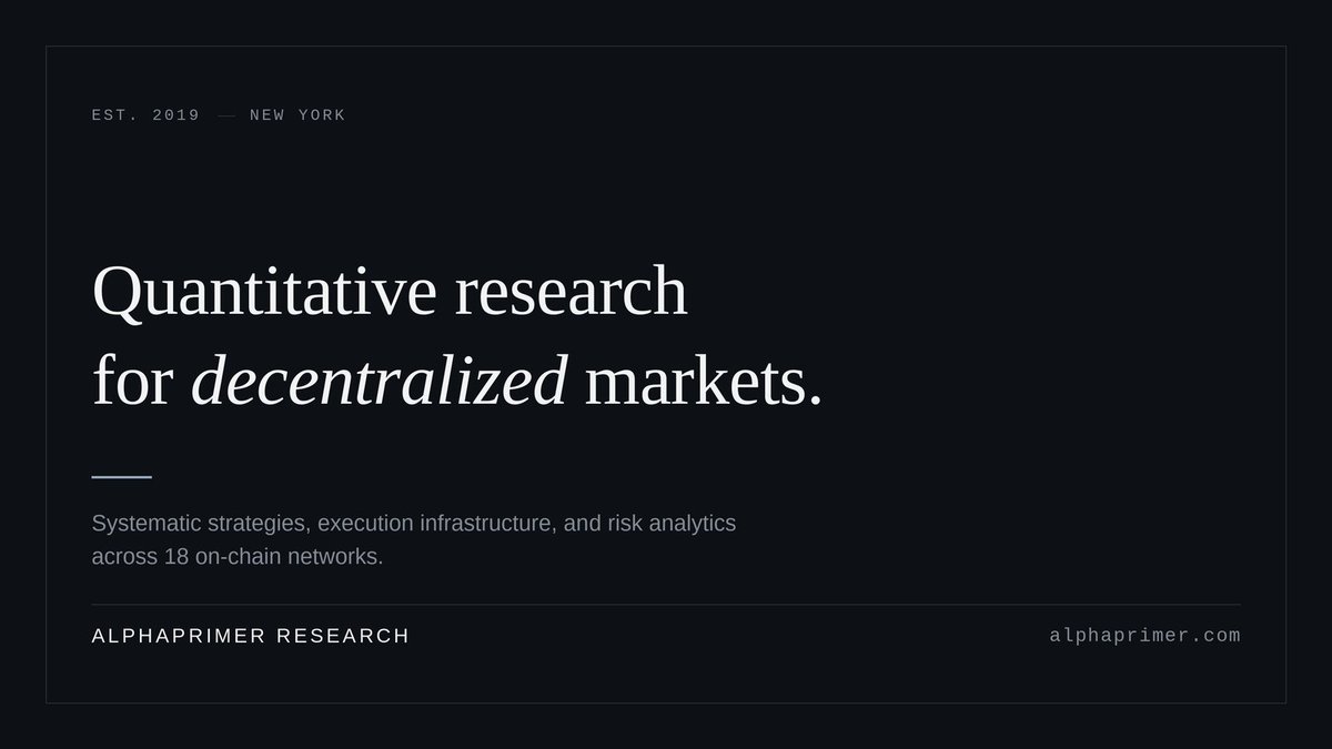 Keziah0x's tweet photo. Most DeFi markets are easy to watch, but much harder to understand.

A chart tells you where price moved.

It doesn't always tell you where liquidity was sitting, how the price was formed, what execution actually cost, or where risk was building beneath the surface.

That is the problem @AlphaPrimer_R Research is working on.

Founded in 2019, AlphaPrimer is a quantitative research team focused on decentralized markets and the infrastructure that supports them.

Their work spans three connected areas:

→ Market microstructure across AMMs and onchain order books
→ Onchain execution and the real cost of moving capital
→ Portfolio level risk and the dependencies that can amplify market stress

The mechanism is simple:

Measure the market.
Model what is happening underneath it.
Test those models against real on chain data.
Then identify where the model breaks.

The goal isn't to make another chart.

It's to understand the system producing the chart.

As decentralized markets become more complex, that distinction matters.

AlphaPrimer is building the research, models, and infrastructure needed to understand DeFi at that deeper level.

@AlphaPrimer_R