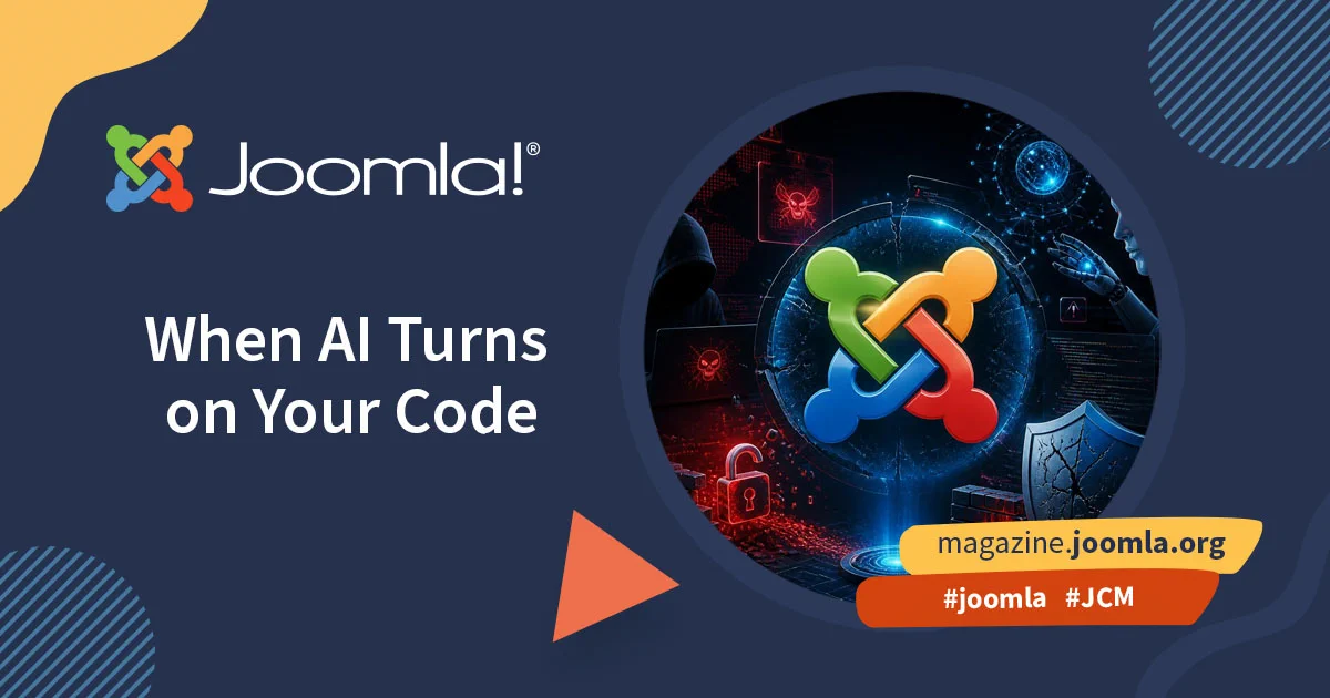 The Joomla logo displayed as a secure bubble, next to selected cyber-security and cyber-threat icons to promote the Joomla article "When AI turns on your code"