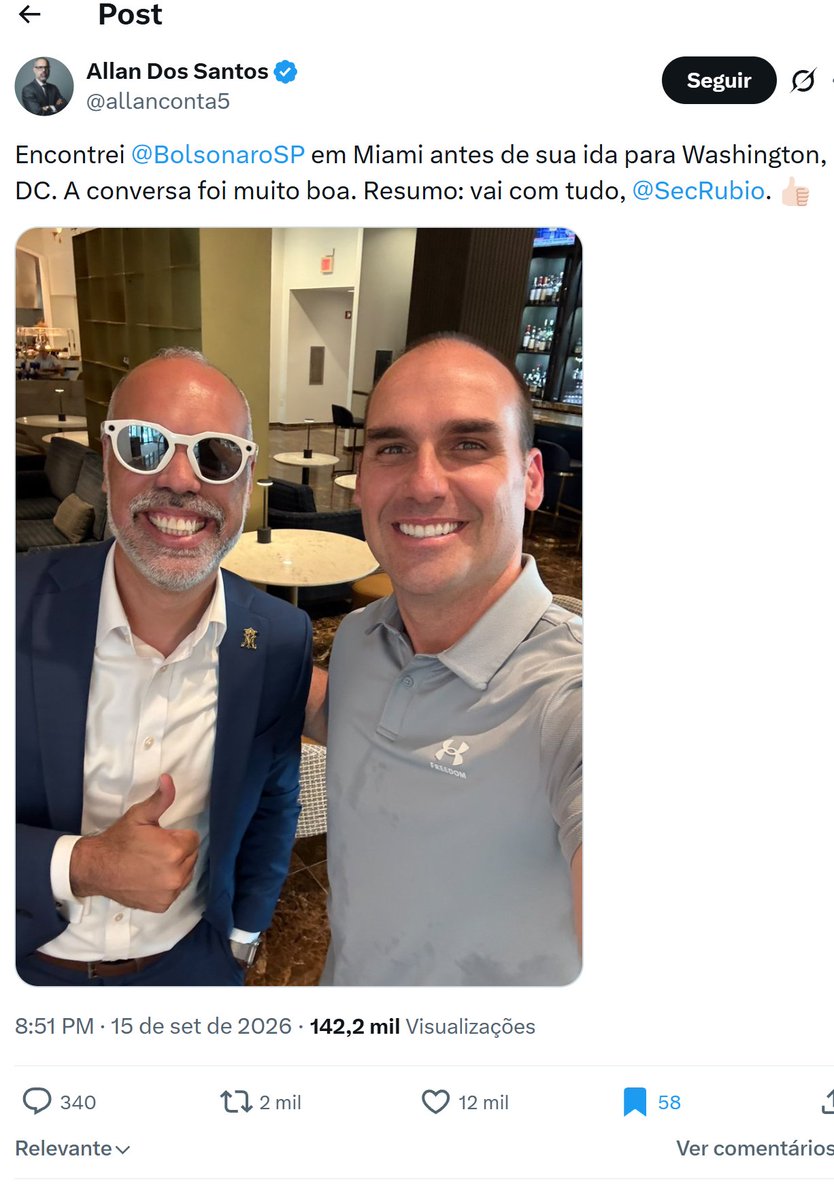 conversandouai's tweet photo. Os dois fugitivos juntos estão comemorando porque o Eduardo Bolsonaro estava indo buscar mais problemas para o Brasil, como se os problemas que o Brasil tem não fossem suficientes. https://t.co/odOq1AsIjz