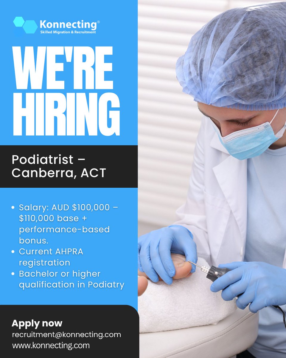 Konnecting's tweet photo. We are hiring a Podiatrist in Canberra, ACT.
Benefits:
• Salary: AUD $100,000 – $110,000 base
Apply now or send your CV to recruitment@konnecting.com
Visit: https://t.co/954vmLEEmN
#PodiatristJobs #PodiatryAustralia #Konnecting https://t.co/R7KKgijMnZ
