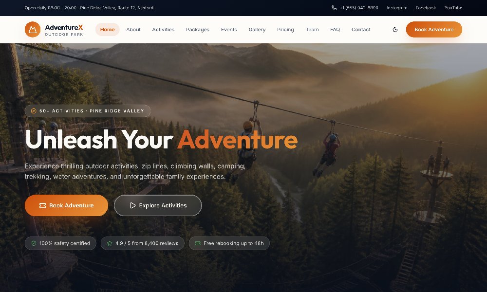 designnominees's tweet photo. #Theme of the Day 16 Sep 2026 
Adventure Park, Zip Line &amp; Outdoor Activities HTML Template
by K29 Solutions @task_reminder 
https://t.co/2CdE3pbuPP https://t.co/4GdFjhEORH