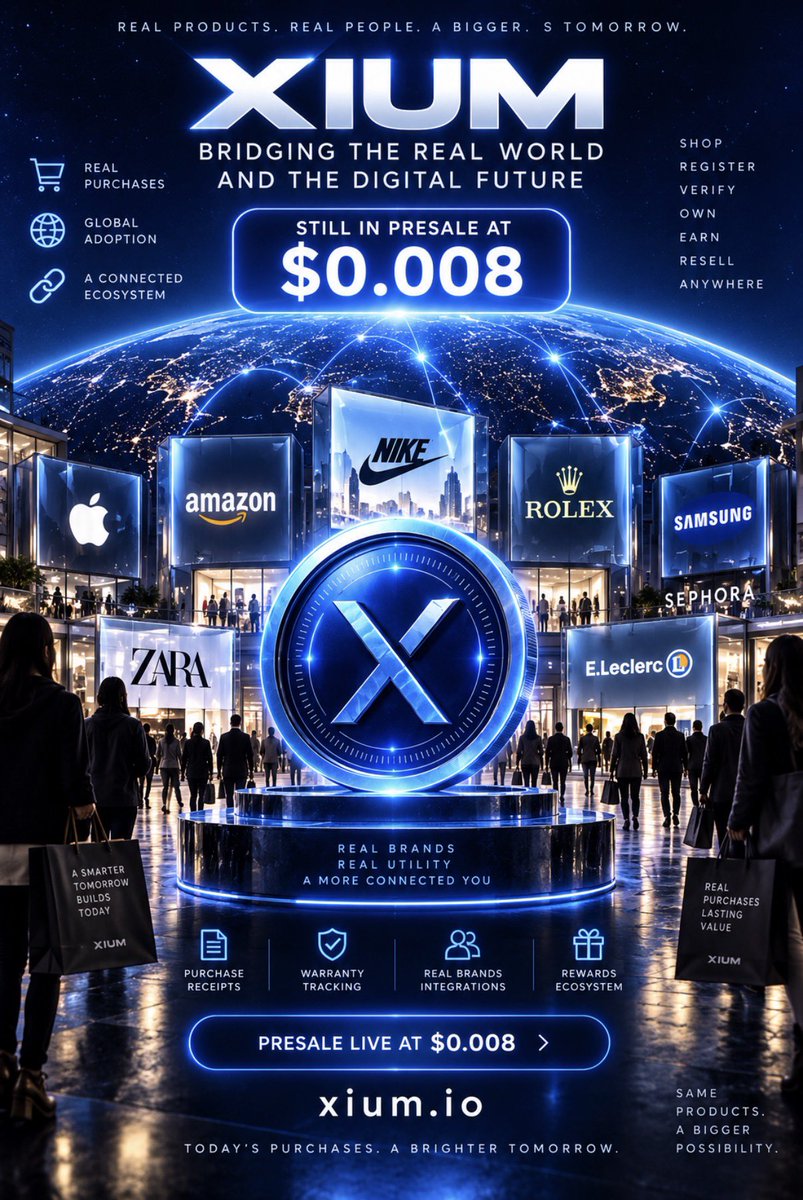 XIUM_TECH's tweet photo. ⚡ $XIUM is being built for a world where every purchase can stay connected after checkout.

🌍 Products, receipts, warranties, ownership and rewards — across brands, users and everyday purchases.

The vision is simple: one ecosystem connecting the real world through XIUM.

And the token powering that ecosystem is already live in presale. 🔵

🚀 $XIUM — $0.008
🌐 https://t.co/2fWB4msVJ1

Real purchases. Global potential. One connected future.