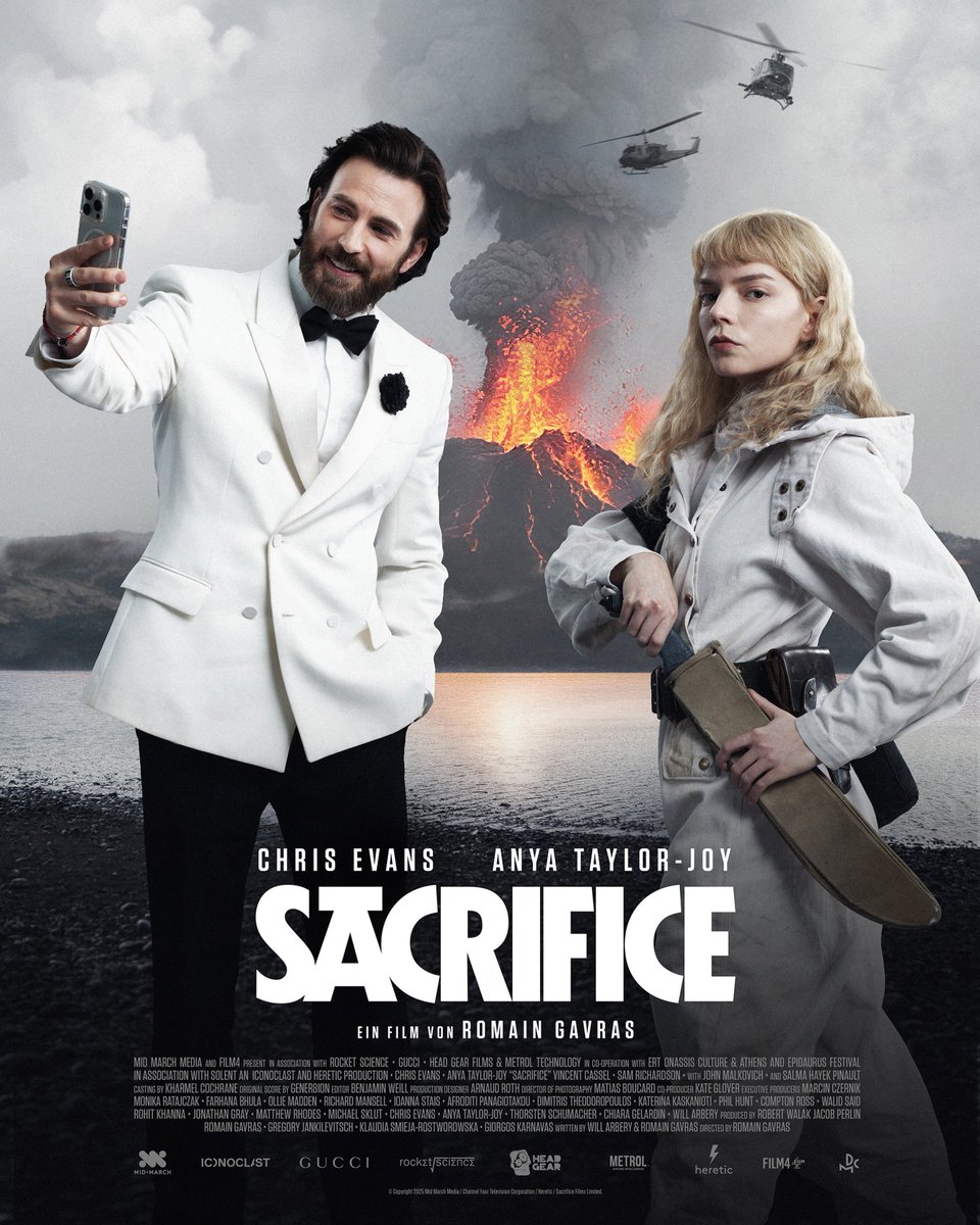 _filmcrave's tweet photo. First poster for Romain Gavras’ ‘SACRIFICE’ starring Anya Taylor-Joy and Chris Evans. 

It follows a film star attempting a comeback who is abducted by a radical group that believes their sacrifice will save humanity.

Releasing October 16 on Netflix. https://t.co/9k2svxZLi3