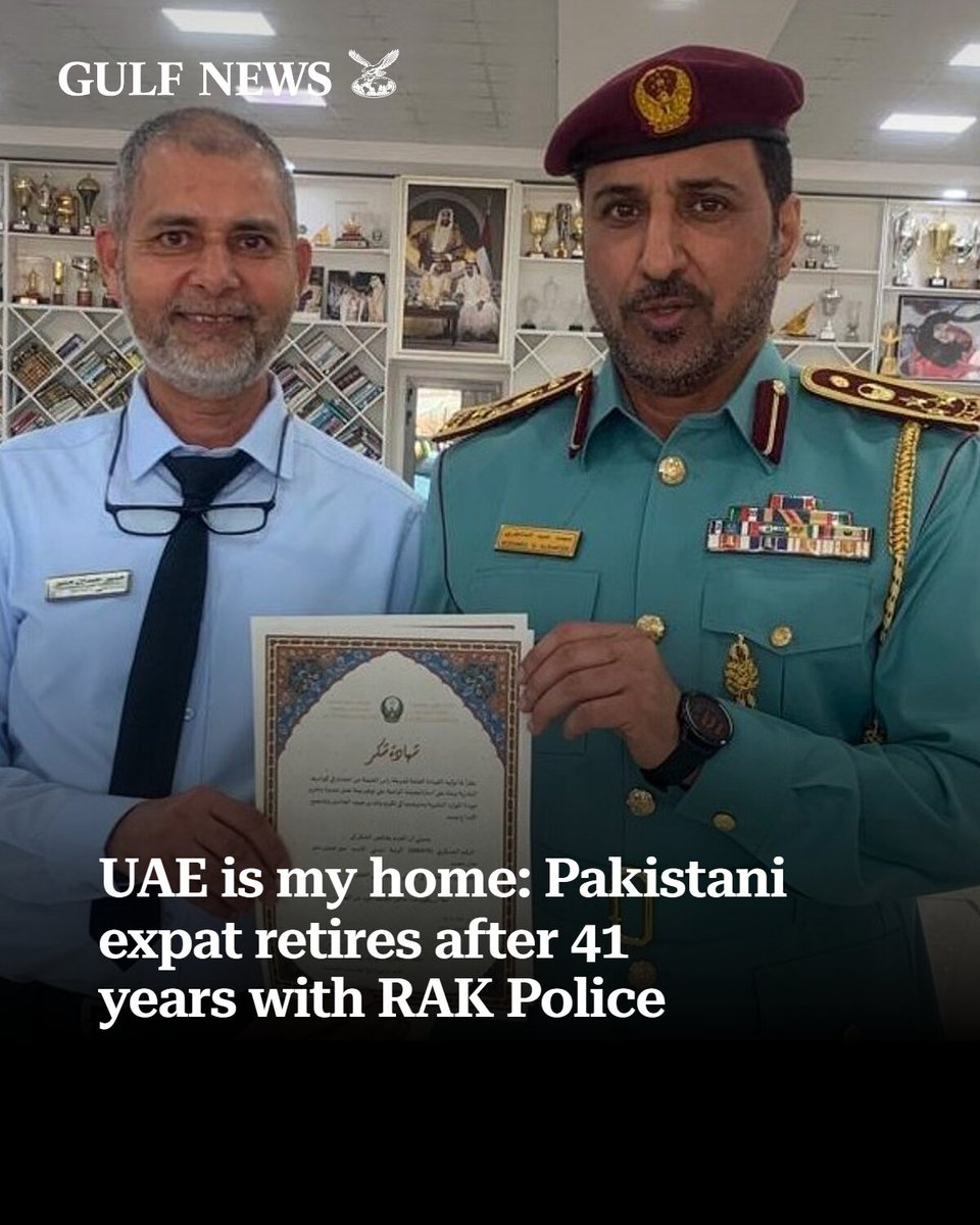 gulf_news's tweet photo. Pakistani expat retires after 41 years with Ras Al Khaimah Police, calling the UAE his true home and planning a new business chapter in the emirate.
https://t.co/ktAofjsnjb https://t.co/L1ZFFMswGa