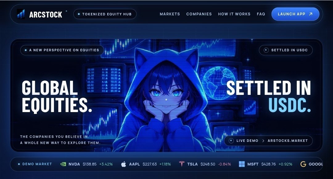 ArcStocks_'s tweet photo. Global equities are moving onchain.

ArcStock is building a new way to explore tokenized equities bringing global markets into one seamless onchain experience, settled in USDC.

Explore companies.
Access global equities.
Settle onchain.

with mainnet coming soon.

ArcStock A New Perspective on Equities.