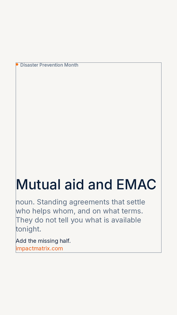 ImpactmatrixCo's tweet photo. Mutual aid / EMAC
Standing agreements that settle who helps whom, on what terms, and who pays.
What they don't do: tell you what's on the shelf tonight in the county next door. That gap is a data problem.
#NationalPreparednessMonth #DisasterPreventionMonth https://t.co/G5wHLfqhQk