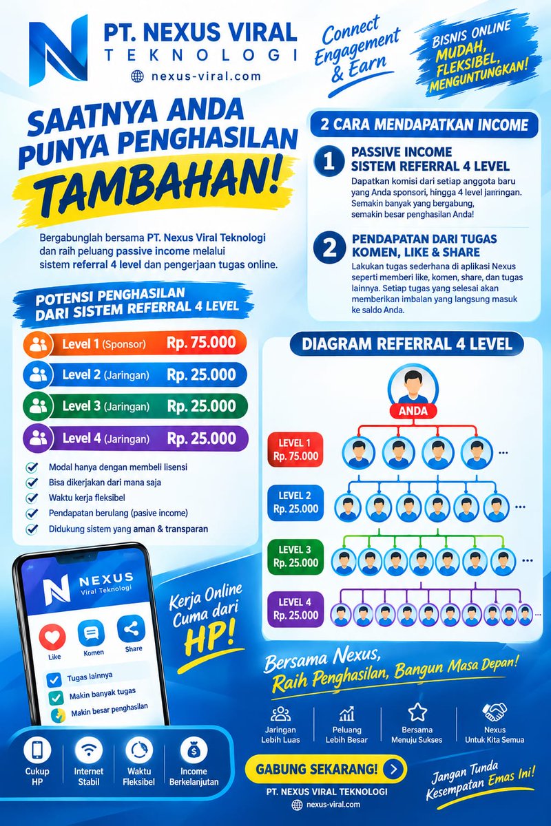 NexusOfficialID's tweet photo. 🚀 Wujudkan peluang digital bersama NEXUS! Kerja fleksibel, tugas online, dan bangun jaringan dari HP. 

📲 CS: 087877608000
Worker: https://t.co/iStqb0UQdF
Client: https://t.co/Q5gKhK68Bx 

#Nexus #KerjaOnline #IncomeDigital #PeluangBisnis https://t.co/n4kiUN6oPT
