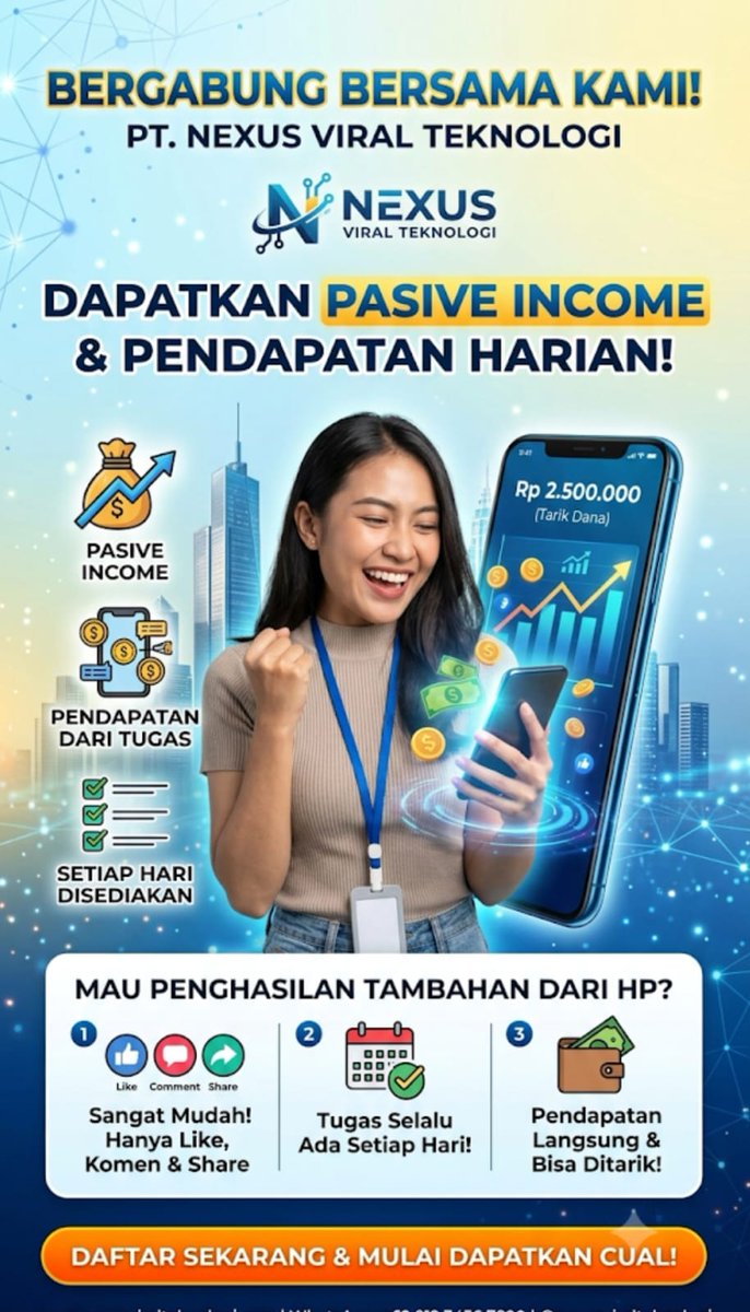 NexusOfficialID's tweet photo. 🚀 Wujudkan peluang digital bersama NEXUS! Kerja fleksibel, tugas online, dan bangun jaringan dari HP. 

📲 CS: 087877608000
Worker: https://t.co/iStqb0UQdF
Client: https://t.co/Q5gKhK68Bx 

#Nexus #KerjaOnline #IncomeDigital #PeluangBisnis https://t.co/n4kiUN6oPT