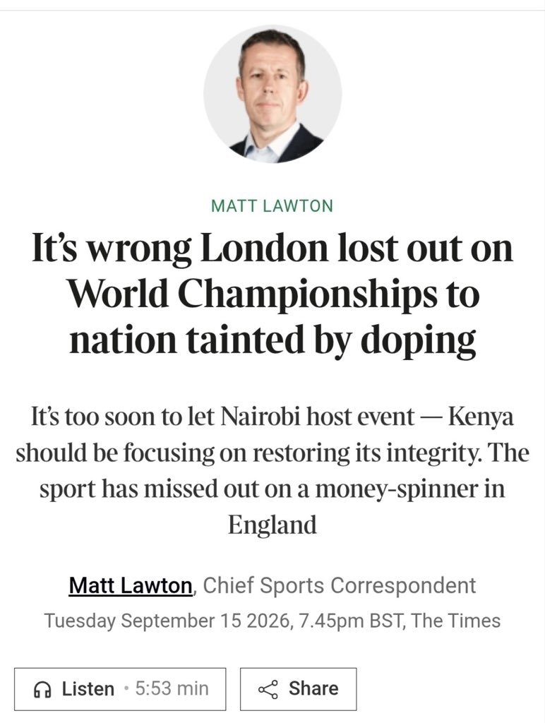 WehliyeMohamed's tweet photo. Dear @Lawton_Times 
Kenya does not need UK’s permission to host the World Championship - an event that is next to nothing without Kenya. The empire ended decades ago; apparently the colonial mindset didn’t! Pipe down you Pommie! https://t.co/A5LpMJ8c8w