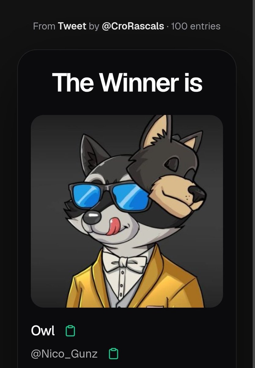 DoneNDustedNFT's tweet photo. Congratulations @Nico_Gunz you WON! DM us for your winnings! 

Thank you @CroRascals for hosting! https://t.co/hLKyCqUFmN