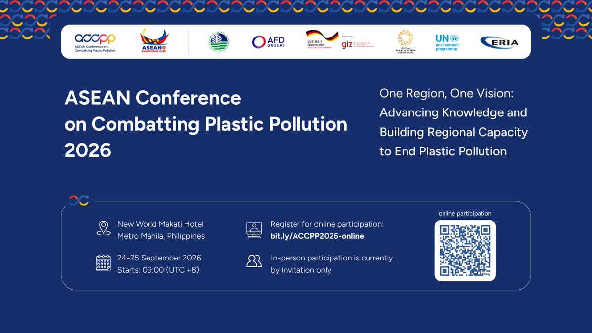 ERIAorg's tweet photo. The ASEAN Conference for Combatting Plastic Pollution (ACCPP) 2026 is here!

Join us as we discuss solutions, build partnerships, and drive coordinated action for a more sustainable ASEAN.

Register for online participation now at https://t.co/ambYYl8qy0.

@rkcmpd_eria https://t.co/ucQmrTPhIf