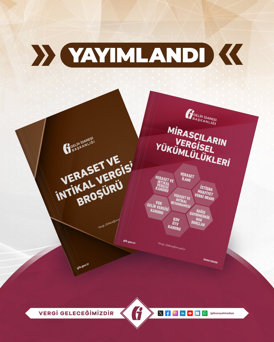 gibsosyalmedya's tweet photo. 📢 Mirasçıların Vergisel Yükümlülükleri Rehberi ile Veraset ve İntikal Vergisi Broşürü yayımlandı.

👉 Veraset yoluyla veya ivazsız (karşılıksız) olarak malların bir şahıstan diğer şahsa intikalinde veraset ve intikal vergisi beyannamesinin ne zaman ve nasıl verileceğine ilişkin açıklamaların yer aldığı “Mirasçıların Vergisel Yükümlülükleri Rehberi” ile “Veraset ve İntikal Vergisi Broşürü” güncellenerek kullanıma sunulmuştur.

https://t.co/NMYcAvihAU

#GİB #VergiGeleceğimizdir