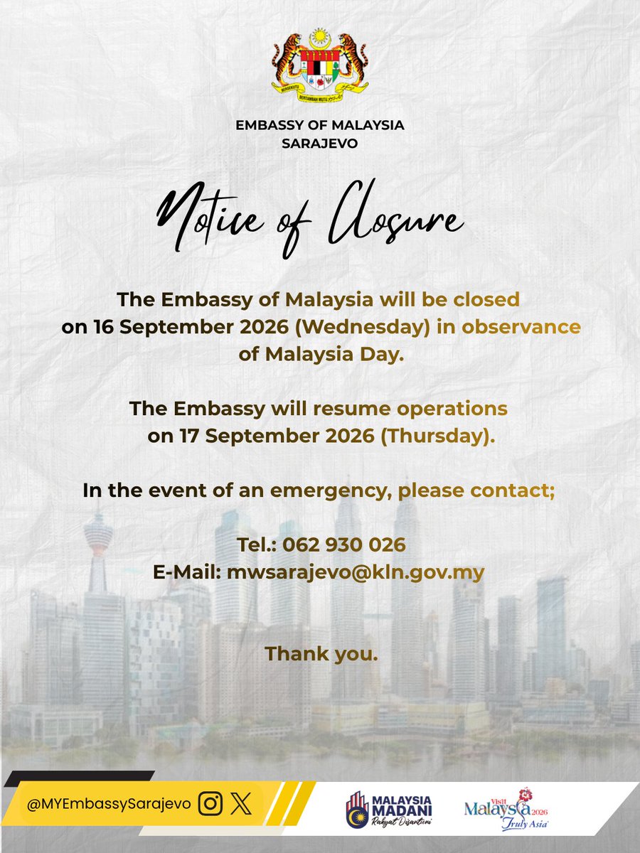 MYEmbSarajevo's tweet photo. 📌Notice of Closure https://t.co/GQfbtOSUTn