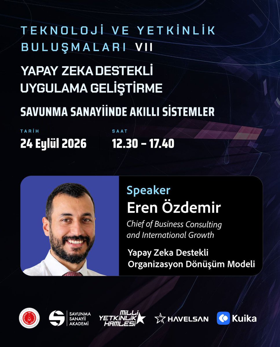 KuikaTurkiye's tweet photo. Savunma Sanayii Akademi koordinasyonunda, HAVELSAN ev sahipliğinde ve Kuika iş birliğiyle düzenlenen zirvede, Eren ÖZDEMİR yapay zekâ destekli dönüşümü organizasyon tarafından ele alacak.

#SavunmaSanayii #YapayZeka #HAVELSAN #Kuika https://t.co/Eeh5Aio99X