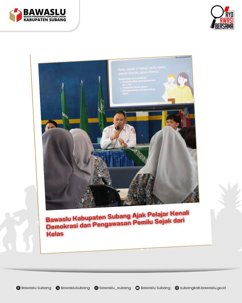 BawasluSubang's tweet photo. Bawaslu Subang mengajak siswa-siswi SMA Muhammadiyah Subang mengenal demokrasi, Pemilu, dan pengawasan partisipatif melalui kegiatan edukasi, Rabu (16/9).

Menanamkan kesadaran demokrasi sejak di bangku sekolah, untuk mewujudkan pemilih pemula yang cerdas dan berintegritas. https://t.co/C1jqUmwtN9