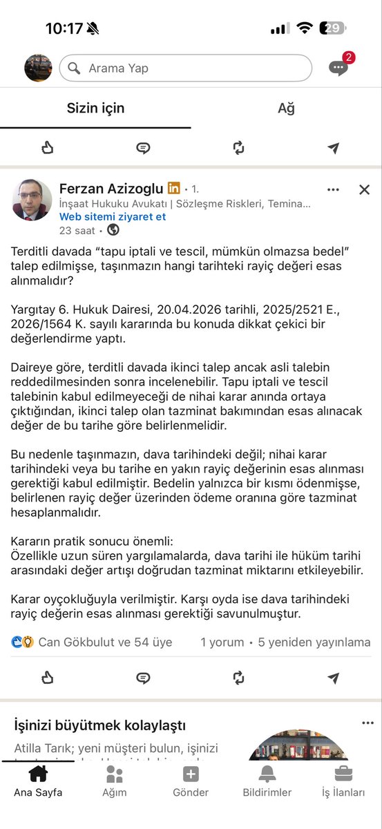 AvTarikCilekci's tweet photo. Terditli davada "tapu iptali ve tescil, mümkün olmazsa bedel" talep edilmişse, taşınmazın hangi tarihteki rayiç değeri esas alınmalıdır?

Yargıtay 6. Hukuk Dairesi, 20.04.2026 tarihli, 2025/2521 E., 2026/1564 K. 

👇 https://t.co/HPqQ3Io7FI