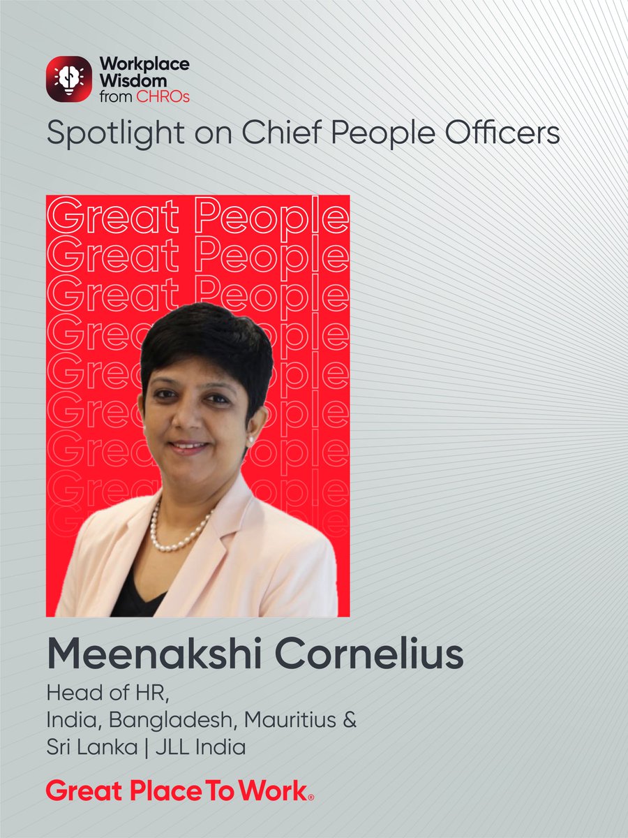 GPTW_India's tweet photo. Meenakshi Corneliuss, Head of HR at JLL India, calls her organisation's culture journey "Becoming" a reminder that building a great workplace is never really finished.

She spoke to us about leadership, inclusion, and what growth looks like in real estate. Read the full interview here: https://t.co/2nxOZidBDZ

#GreatPlaceToWork #GPTWIndia #CHROInterview #JLLIndia #Leadership #InclusionAtWork #WomenInLeadership #RealEstate #WorkplaceCulture