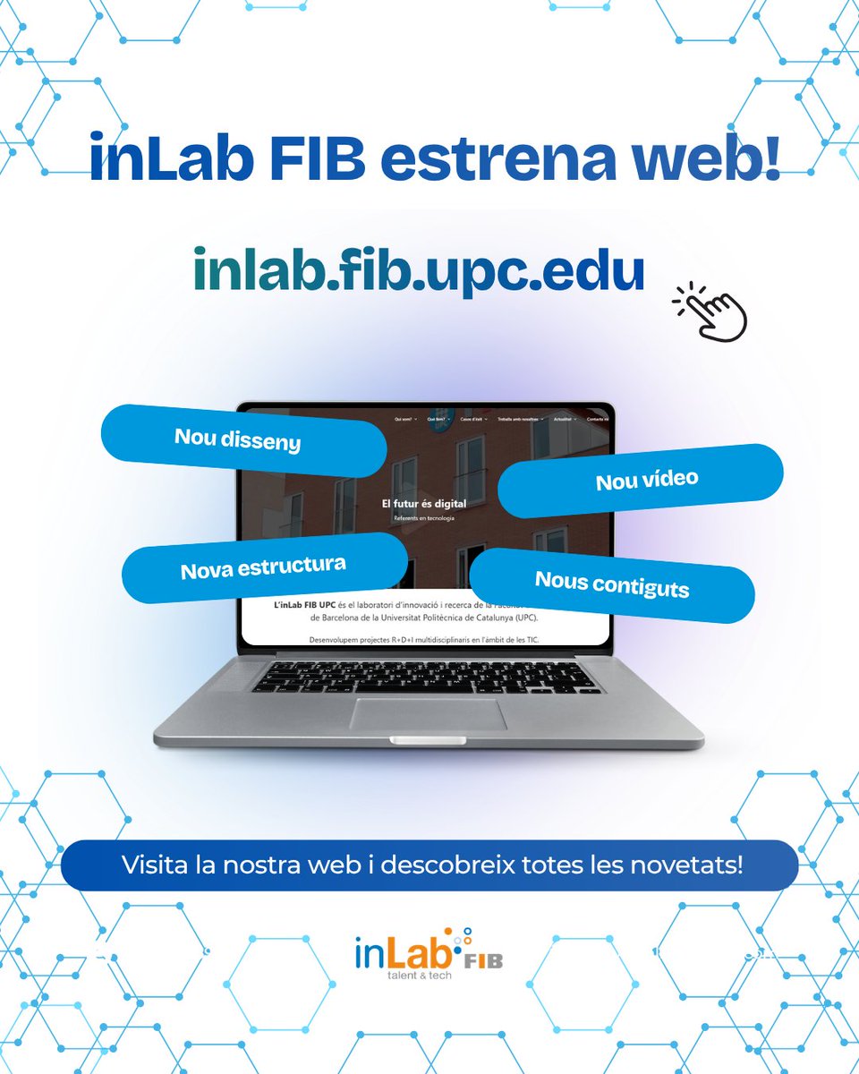 inLabFIB's tweet photo. Estrenem nova web de l’inLab FIB!
Hem renovat el disseny i reorganitzat els continguts per fer-la més clara, visual i fàcil de navegar.
👀 Descobreix-la i coneix millor tot el que fem a l’inLab FIB!
👉 https://t.co/1zG8KUIbEb https://t.co/jGZdJLmXQq