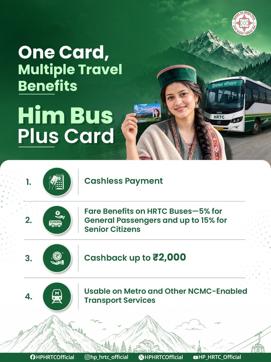 HPHRTCOfficial's tweet photo. Him Bus Plus Card - One Card, Many Journeys!
Go cashless and save: 5% off for general passengers, up to 15% off for senior citizens & up to ₹2,000 cashback. Plus, use it across NCMC-enabled transit in India.
#HimBusPlusCard #HRTC #NCMC #CashlessTravel https://t.co/Im1x2YFSOL