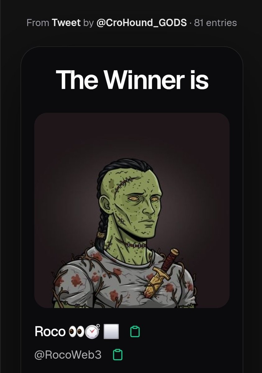 DoneNDustedNFT's tweet photo. Congratulations @RocoWeb3! You WON! DM us for your winnings! 

Thank you to @CroHound_GODS for hosting! https://t.co/BkKPGSfcNt