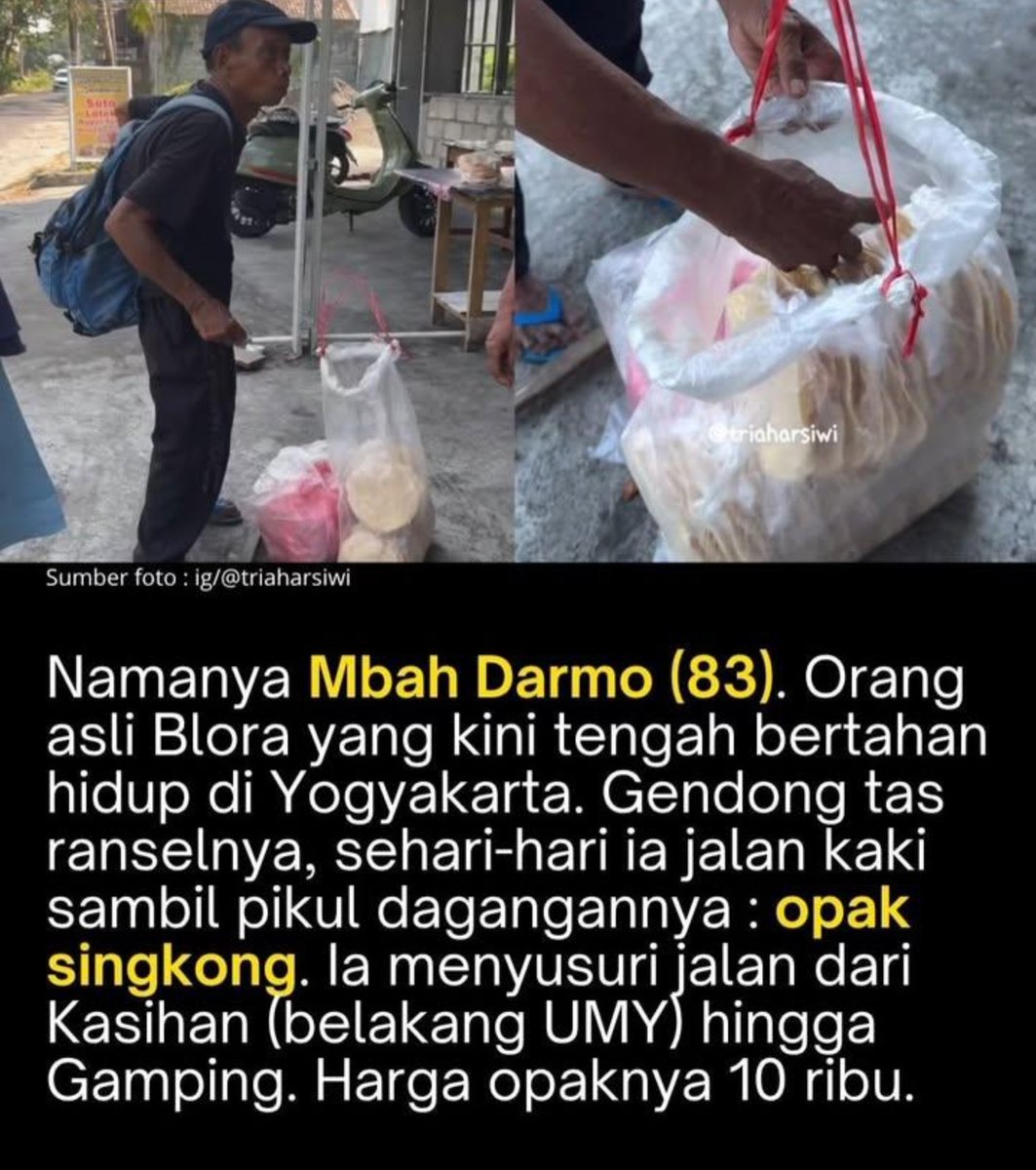 LiaAfri03881071's tweet photo. Ada orang yang di usia senjanya masih memilih berjalan kaki berkilo-kilometer, bukan karena tak lelah, tapi karena ia ingin tetap makan dari tangannya sendiri. Kita sering mengeluh soal hal-hal kecil, sementara di luar sana ada yang memikul jauh lebih berat tanpa sekalipun bersuara. Semoga langkah Mbah Darmo dimudahkan, dan semoga kita tak lupa: apa yang kita anggap biasa hari ini, adalah doa yang sedang diperjuangkan orang lain.

 cc mental_juara Indonesia