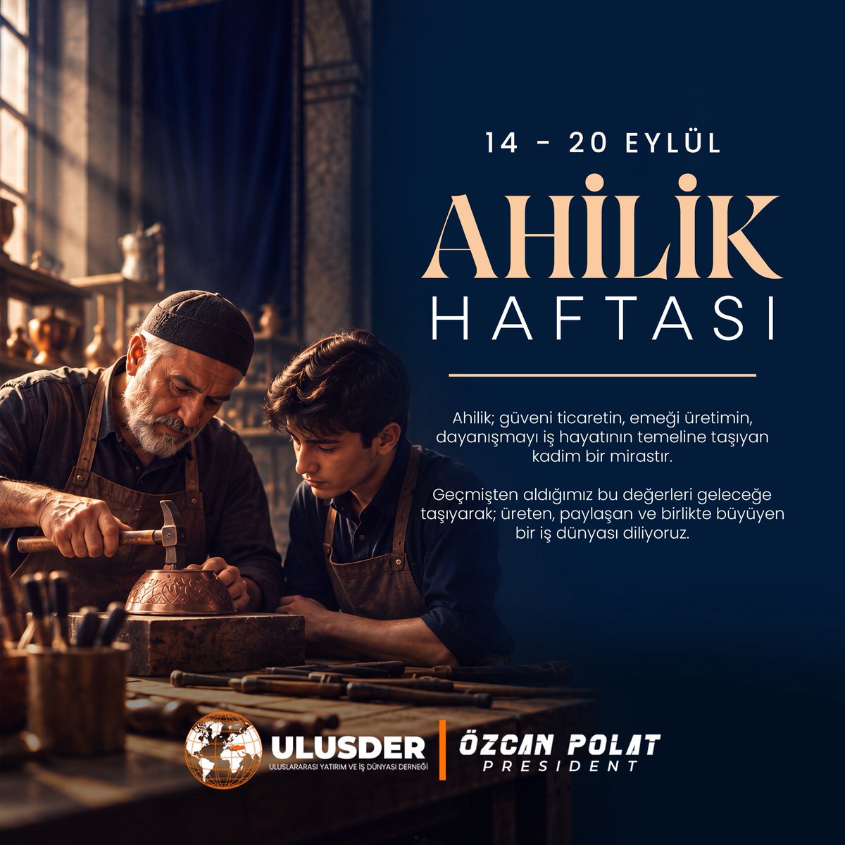 ulusder's tweet photo. Ahilik; güveni ticaretin, emeği üretimin, dayanışmayı iş hayatının temeline taşıyan kadim bir mirastır.

Geçmişten aldığımız bu değerleri geleceğe taşıyarak; üreten, paylaşan ve birlikte büyüyen bir iş dünyası diliyoruz.

Ahilik Haftası kutlu olsun.

#AhilikHaftası #Ahilik #İşDünyası #Üretim #Emek #Dayanışma #Ticaret #ULUSDER