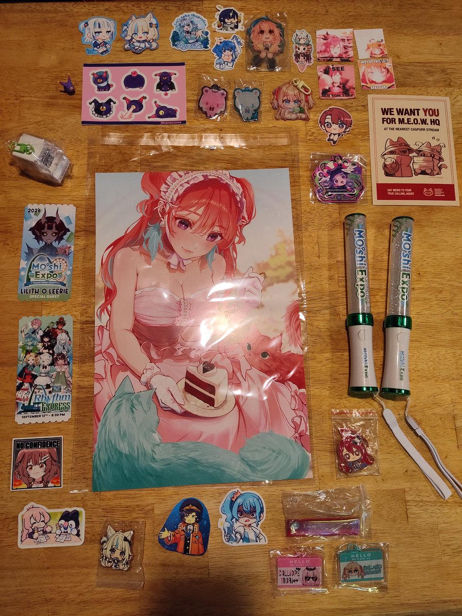 SpriterPepper's tweet photo. My haul from #MOshiExpo2026 ‼️ I don't think I've ever spent this much money at a con before 😅 I bought so much Nerissa stuff it had to be its own pic https://t.co/nnYIHoTDOI