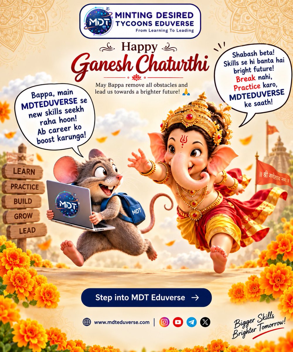MDTEduverse's tweet photo. πβ¨ This Ganesh Chaturthi, Learn β’ Practice β’ Build β’ Grow β’ Lead!
Step into MDT Eduverse and build a brighter future. π
#GaneshChaturthi #MDTEduverse #LearnPracticeBuild #SkillsForFuture https://t.co/TYjjf4iAOs