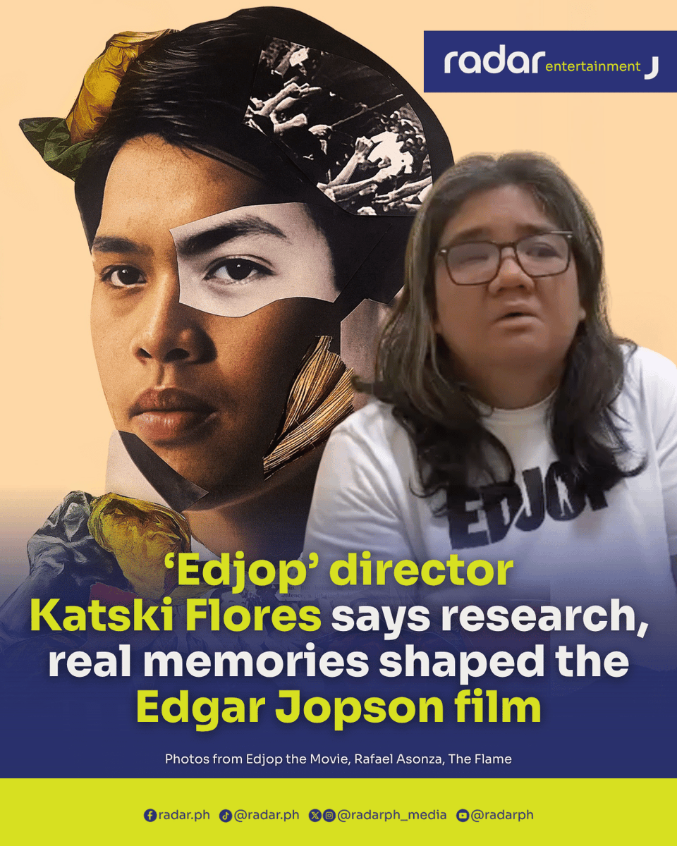 radarph_media's tweet photo. Director Katski Flores is setting the record straight: her film “Edjop” is neither a rigid documentary nor a loose piece of historical fiction.

Speaking about the creative process behind bringing the story of student leader and revolutionary Edgar Jopson to the screen, Flores described the project as occupying a nuanced space in between, one rigorously anchored in historical reality yet dramatized through the lens of human memory.
“It’s not a documentary, but it’s not historical fiction,” Flores explained, noting that the project is “definitely based on research.”

To ensure authenticity, the production team didn’t just rely on dedicated researchers; they went straight to the source.

Alongside Joyette Jopson, Edjop’s eldest daughter and the film’s executive producer, Flores detailed an extensive interview process with Edjop’s siblings and widow to anchor the film’s emotional core.

“I spent four weeks, four hours per session interviewing Tita Joy [Edgar’s wife],” she shared.

The screenplay also draws heavily from Benjamin Pimentel’s definitive biography of Edjop, “UG: An Underground Tale,” along with a wealth of archival photos.

While historical films like “Katips” and “Quezon” embraced wider creative liberties, Flores insists “Edjop” remains firmly grounded in reality.

She acknowledged taking some creative liberties “in terms of how I would interpret or visualize how I imagine the scene played out,” but clarified that these choices were made strictly “for [the] purpose of narrative” and to serve as a “dramatic engine.”

Ultimately, Flores says the film stays much “closer to what actually happened” and stands as a deeply personal project “inspired by the truth, inspired by memories of real events.”

“Edjop,” starring Elijah Canlas, Jodi Sta. Maria, Kakie Pangilinan, Menchu Lauchengco-Yulo, Nour Hooshmand, and Cedrick Juan, opens today in cinemas nationwide. Student audiences can avail of a special ₱200 rate for the first five days of the film’s release.

(✍️🎥: Rafael Asonza)

 #radarPHEntertainment  #radarPH