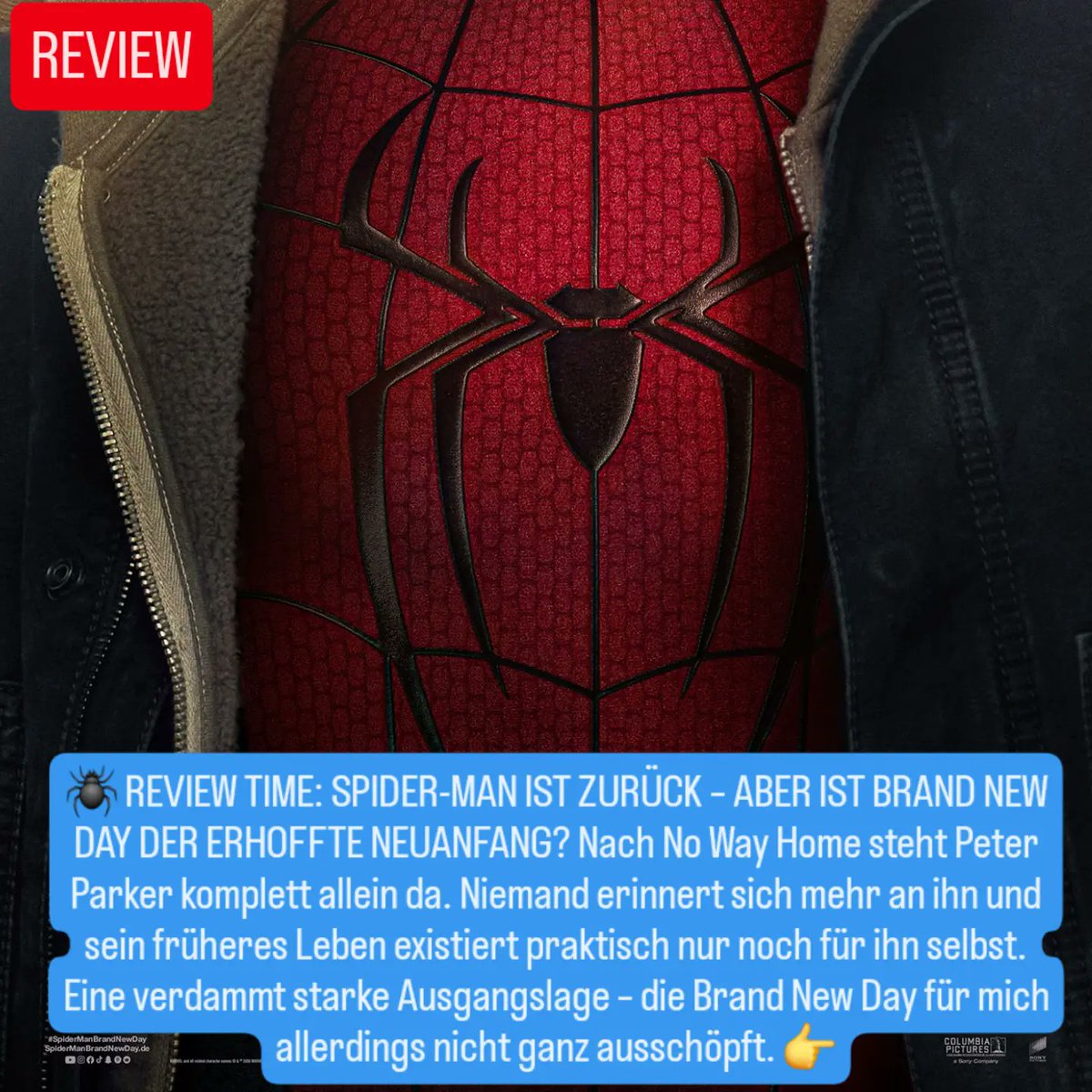 DerickFuehrer's tweet photo. 🕷️ Nach No Way Home waren meine Erwartungen an Spider-Man: Brand New Day ziemlich hoch. Peter hat sein früheres Leben praktisch komplett verloren – und genau diese Ausgangslage ist für mich auch das Spannendste am Film. Niemand erinnert sich mehr https://t.co/raSojPo4HG