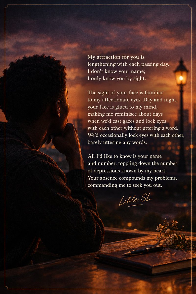 LihleSL's tweet photo. @A_DiAngelo A poem about attraction, longing, exchanged glances, and the courage to finally ask for a name. ✍️❤️
Read “My Attraction for You”  and discover more intimate poetry in my free e-book, The Virtual Diary.
Read it here: 
https://t.co/bzDQgKouTn

#Poetry #TheVirtualDiary https://t.co/R5ZjQlItd1