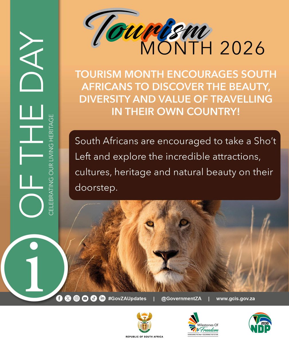 GovernmentZA's tweet photo. YOUR NEXT ADVENTURE MAY BE CLOSER THAN YOU THINK 🦁
Take a Sho’t Left and rediscover South Africa’s remarkable wildlife, vibrant cultures, rich heritage and breathtaking landscapes.
#GovZAUpdates #TourismMonth2026 #ShoLeft https://t.co/14ZV69DmKw