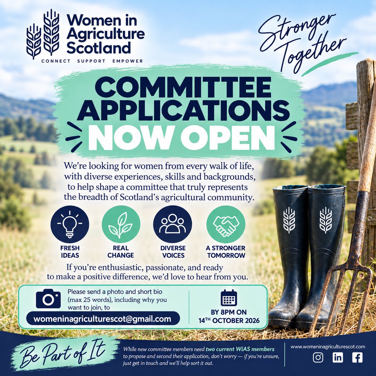 WiAScot's tweet photo. 🌾 Committee applications are OPEN!

Bring your passion, ideas &amp; voice to help shape the future of Women in Agriculture Scotland. 🌱

📸 Send a photo + short bio (max 250 words) to womeninagriculturescot@gmail.com by 8pm, 14 Oct 2026.

#WomenInAg https://t.co/ltdJ74VjXa