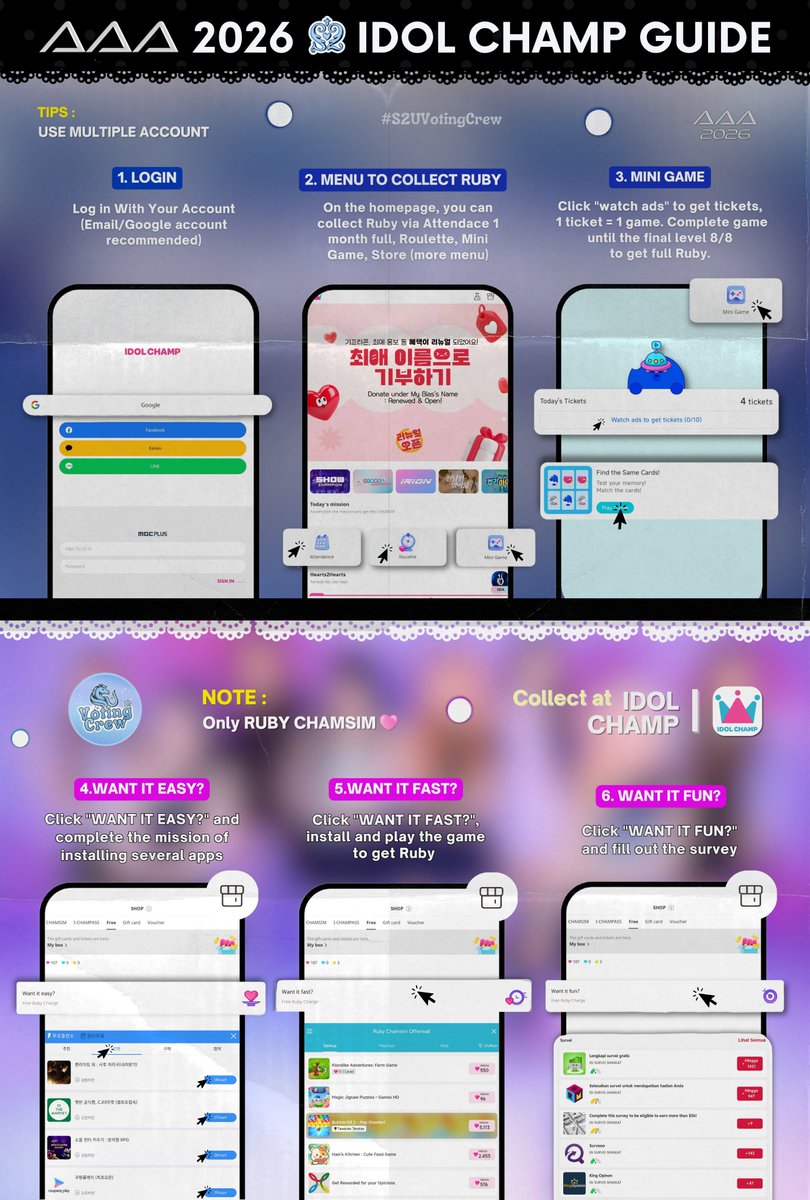 S2UVotingCrew's tweet photo. 🦄 COLLECT RUBY CHAMSIM — ASIA ARTIST AWARDS 2026! 🏆

Have you collecting ruby chamsim, S2U ?
You can start it from now!

Here's the tutorial for collect and vote👇🏻
#S2UVotingCrew_Voting_Tutorial

WAY TO COLLECT RUBY CHAMSIM : 
🍀Watch the ad for play roulette 
🍀Attendance
🍀Complate mini game (until final level)
🍀Want it easy? (Mission to install few app and get ruby)
🍀Want it fast? (Install the available game app and then play it)
🍀Want it fun? (Complete the available surveys)

1 Vote = 20🩷
100 Vote = 2000🩷/device in a day (max)

Let's Go!🔥
#Hearts2Hearts #하츠투하츠 #H2H