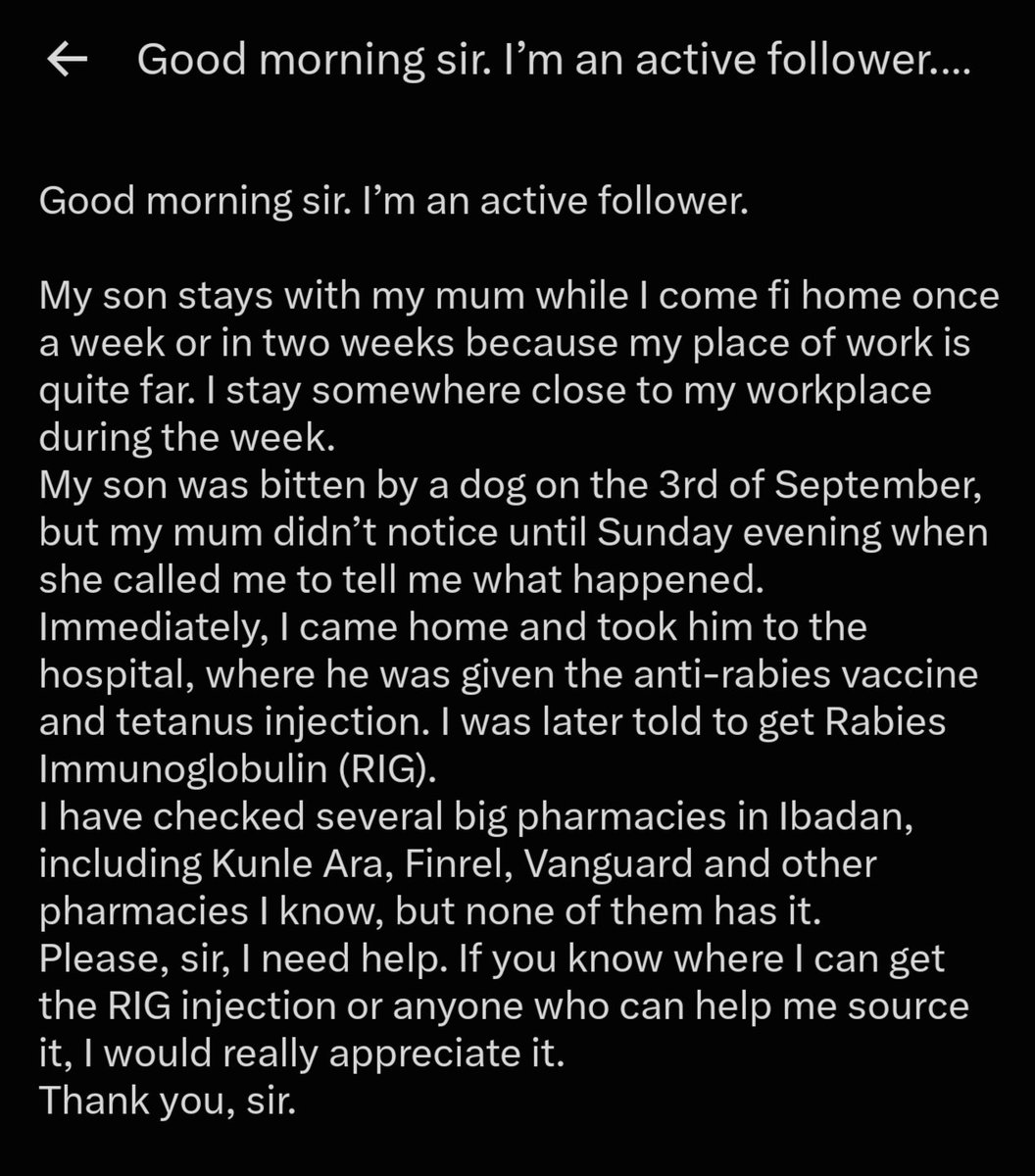arojinle1's tweet photo. Good morning, my people. If you know where one can get rabies immunoglobulin around Ìbàdàn, please, help. Life is at stake and time is of essence. https://t.co/Y4rSOcKmRQ