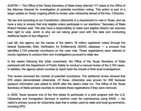 paulg's tweet photo. In Texas they found 117 potential noncitizens out of 18 million voters. That's .00065%. And that's an an upper bound; these are merely "potential" noncitizens.

This is a fake problem. https://t.co/fQxemllZdO