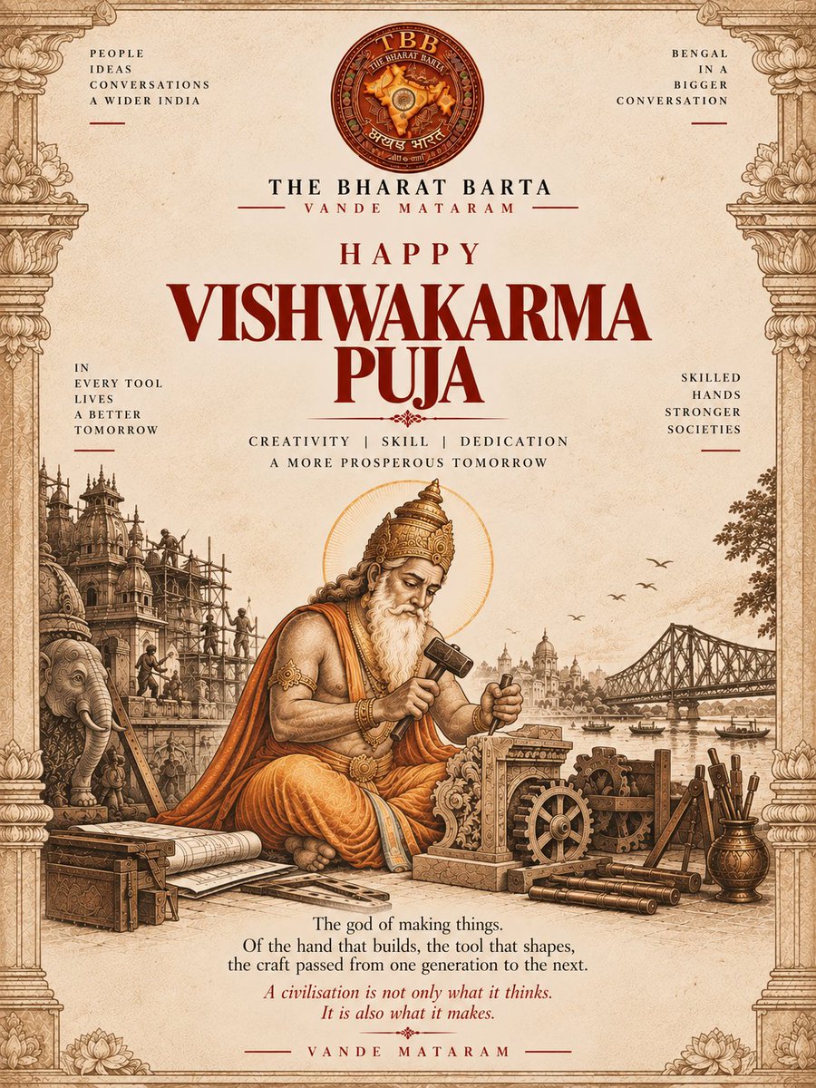 thebharatbarta's tweet photo. Happy Vishwakarma Puja 🛠️

A civilisation is not only what it thinks.
It is also what it makes.
Celebrating the hands, minds and skills that shape our world.

THE BHARAT BARTA 🇮🇳

#VishwakarmaPuja #TheBharatBarta https://t.co/QCqgKMlkDc