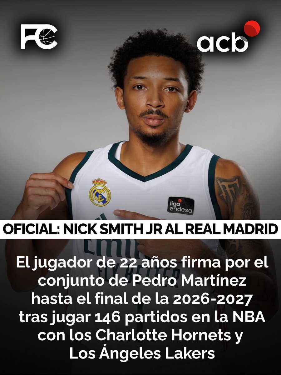 factor_cancha's tweet photo. ✅OFICIAL: NICK SMITH JR LLEGA AL REAL MADRID
Con la llegada del americano, el conjunto blanco confirma su plantilla para esta nueva temporada.
Foto: Real Madrid Basket X
#baloncesto #acb #euroliga #realmadrid #smithjr https://t.co/wr28cg0XJu