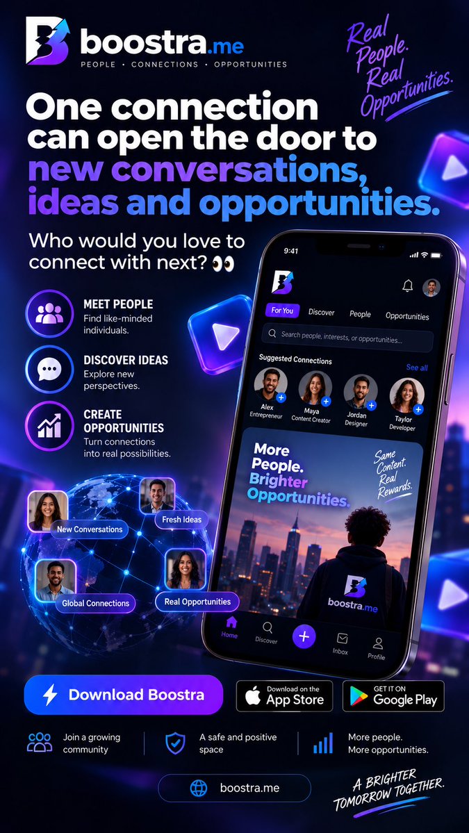 theboostraapp's tweet photo. One connection can open the door to new conversations, ideas and opportunities. 🤝✨

Who would you love to connect with next? 👀👇

Discover Boostra and start building your network.

#Boostra #Connections #Networking #MeetPeople #SocialApp https://t.co/pmNx7fWU16