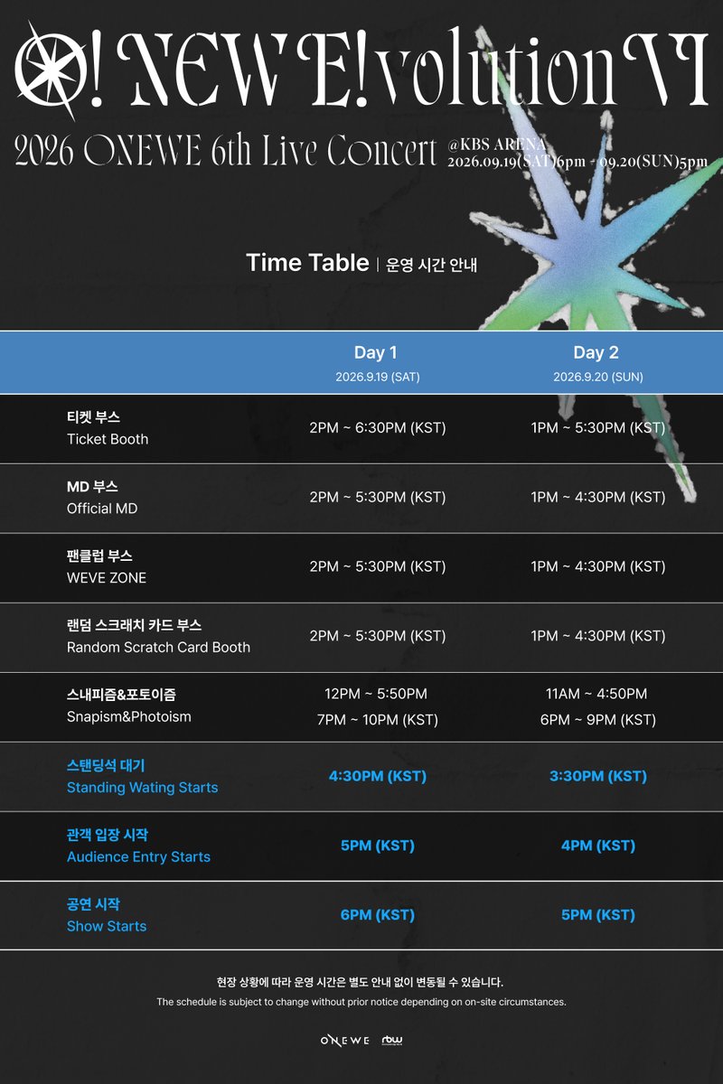 official_ONEWE's tweet photo. [#ONEWE]

2026 ONEWE 6th Live Concert 
'O! NEW E!volution ⅤI’ 
Time Table 안내 📢

📍 공연 일정
✔ 2026.09.19 (토) 6PM (KST) 
✔ 2026.09.20 (일) 5PM (KST) 

#원위
#O_NEW_Evolution_VI
#ONEWE_6th_Live_Concert
#O_NEW_Evolution https://t.co/sHcDN08wGa