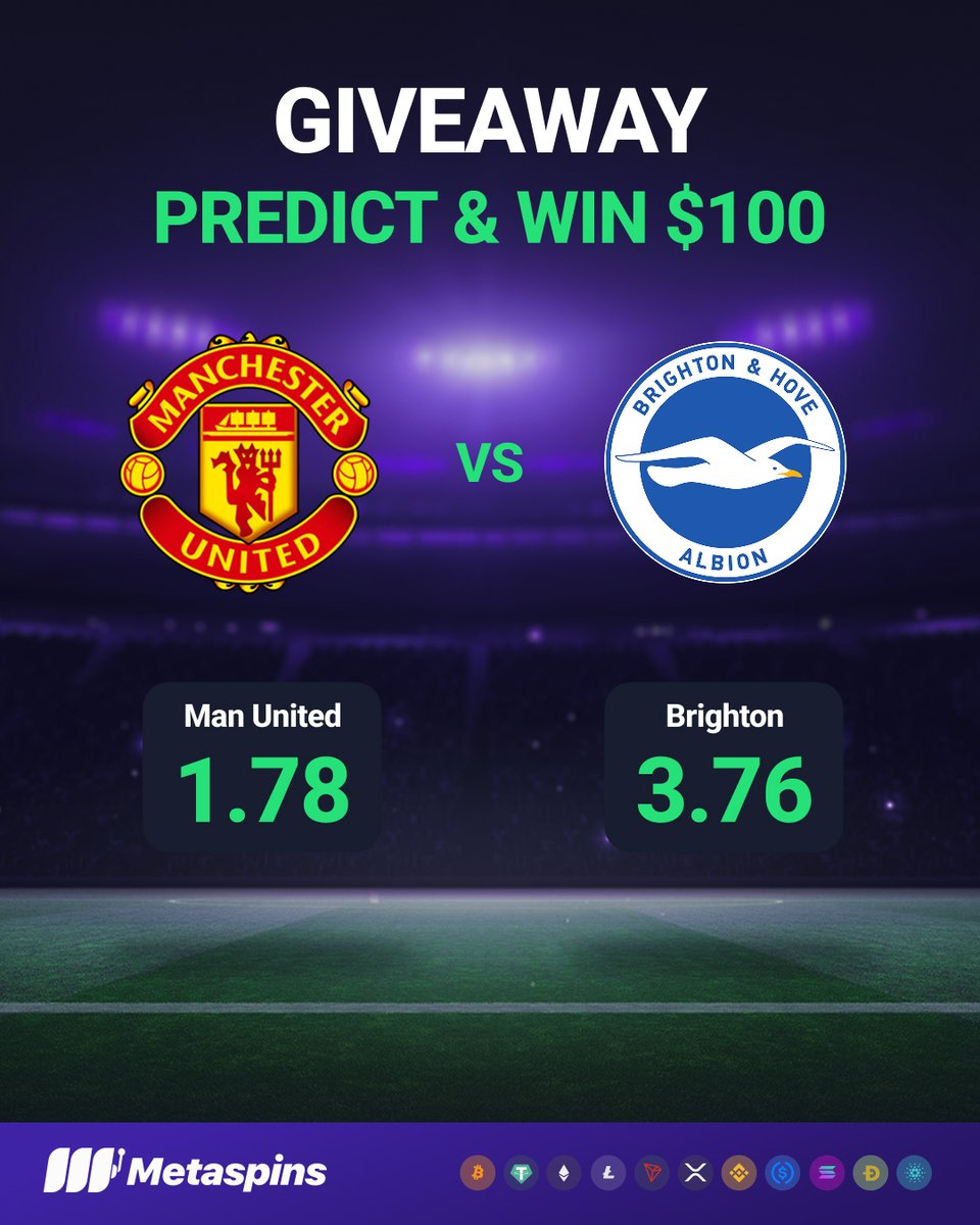 metaspinscasino's tweet photo. Manchester United 🆚 Brighton &amp; Hove Albion

Predict the winner for your chance to share $100 in Free Bets 💸

✅ Follow @metaspinscasino
🔁 Repost + tag a friend
🆔 Drop your ID + prediction https://t.co/ndnlwhX9DX